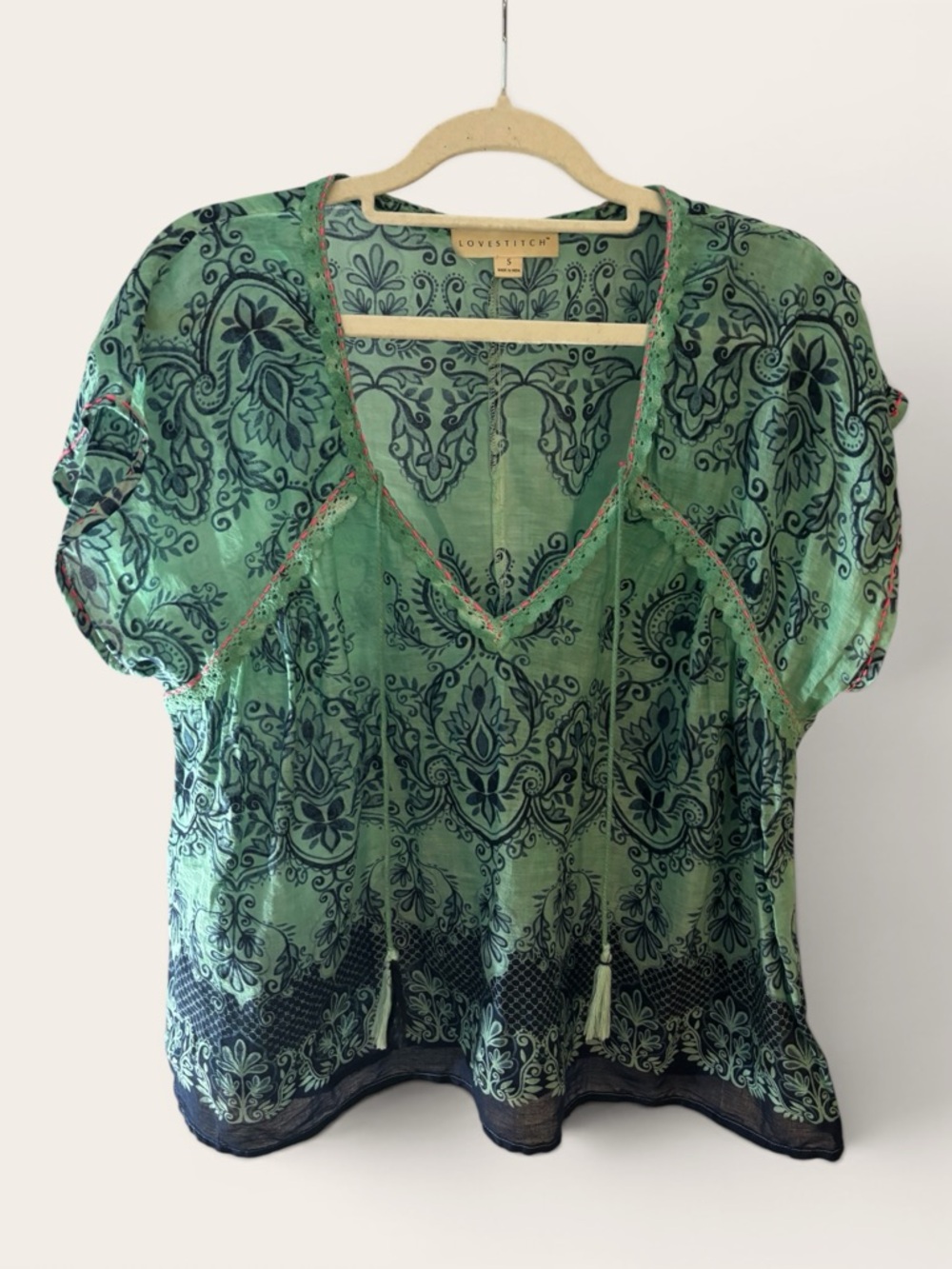 Love Stitch Seafoam Green Printed V-Neck Tassel Tunic